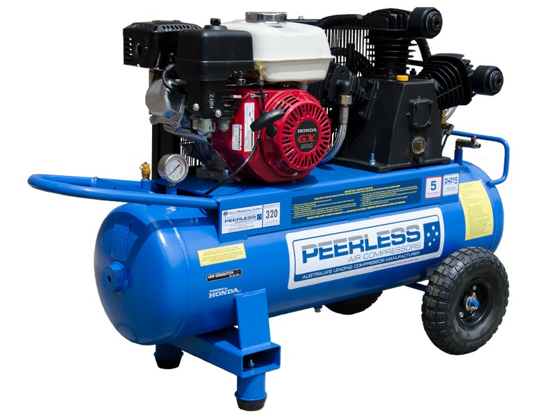 PEERLESS PHP15 Petrol Air Compressor: Belt Drive, Honda GX200, 320LPM - for High Pressure
