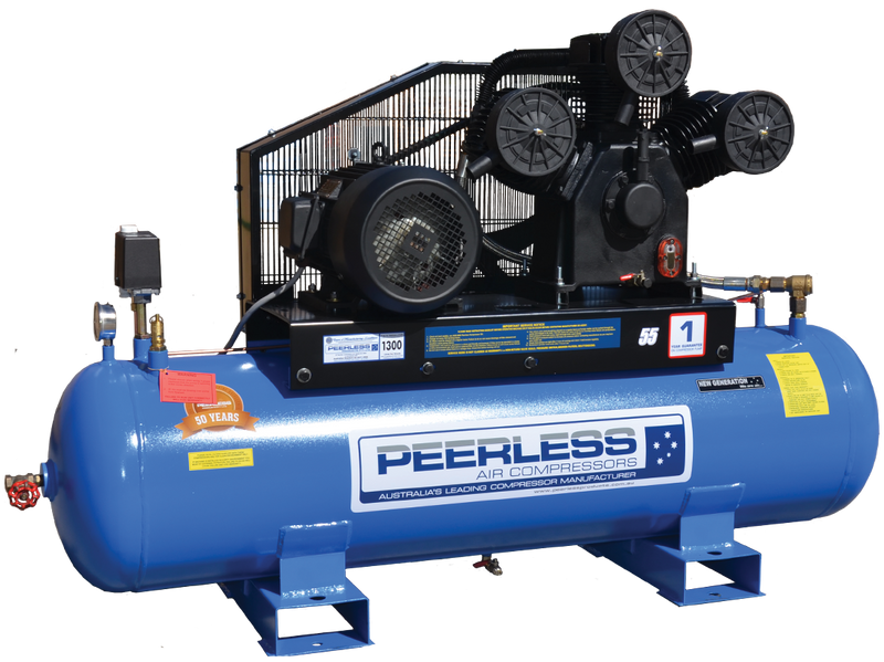 PEERLESS P55 High Flow Three Phase Air Compressor: Belt Drive, 10HP, 1300LPM