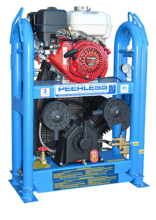 PEERLESS PV25 Petrol Air Compressor Fatboy: Belt Drive, Honda GX270, 545LPM