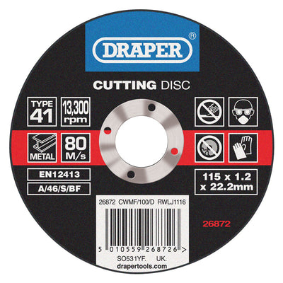 Draper Tools Flat Metal Cutting Wheels in a Box of 100 (115 x 22.2 x 1.0mm) DRA26872