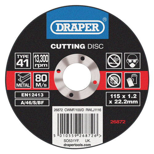 Draper Tools Flat Metal Cutting Wheels in a Box of 100 (115 x 22.2 x 1.0mm) DRA26872