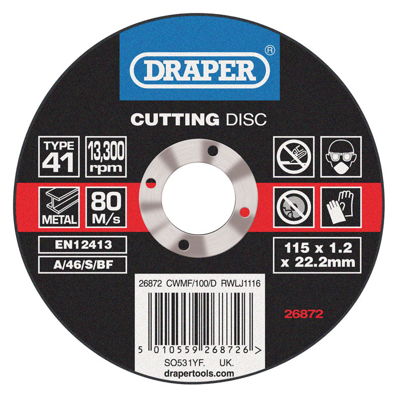 Draper Tools Flat Metal Cutting Wheels in a Box of 100 (115 x 22.2 x 1.0mm) DRA26872
