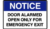 NOTICE DOOR ALARMED OPEN ONLY FOR EMERGENCY EXIT SIGN 182NSAV