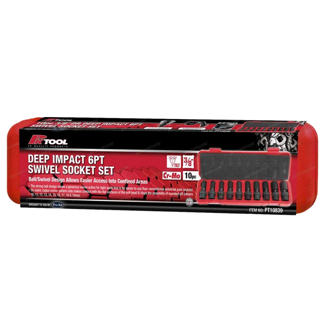 PK Tools 10pc 3/8in Drive Deep Impact Swivel Socket Set 6pt - PT10839