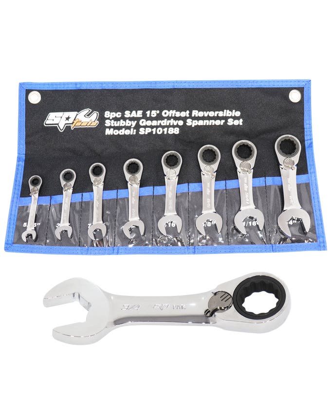 SP Tools SP10188 8pc SAE Reversible Stubby Gear Drive ROE Quad Drive Spanner Set