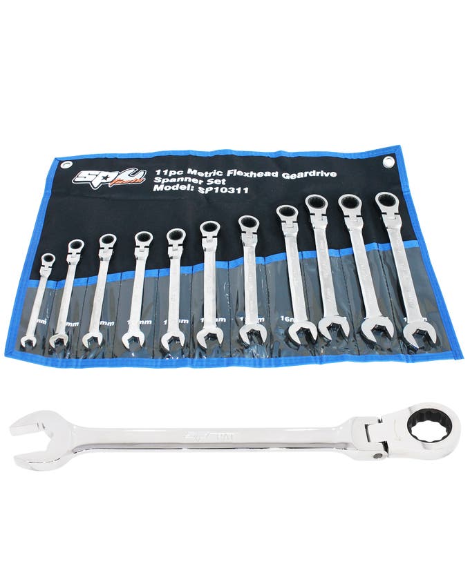 SP Tools SP10311 11pc Metric Flex Head Gear Drive ROE Quad Drive Spanner Set