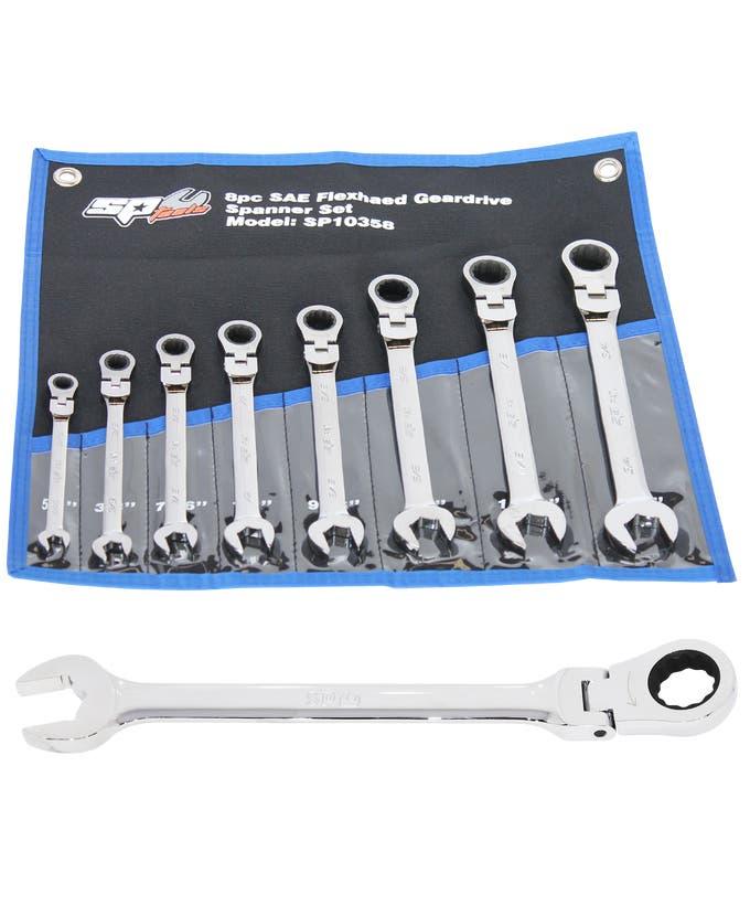SP Tools SP10358 8pc SAE Flex Head Gear Drive ROE Quad Drive Spanner Set