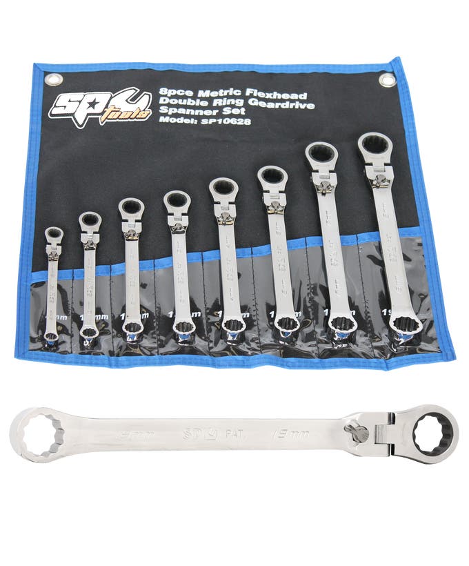 SP Tools SP10628 8pc Metric Locking Flex Head Gear Drive Double Ring Spanner Set