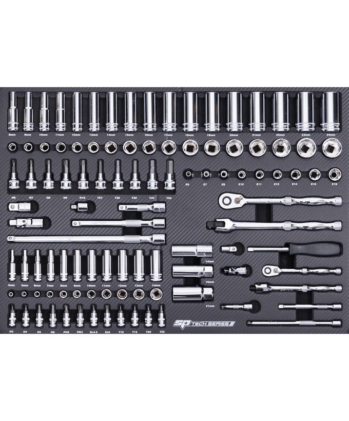 SP Tools SP50009 106pc Tech Series Metric Socket and Accessories EVA Foam Tray Kit