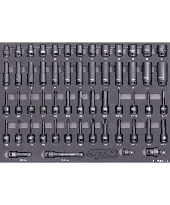 SP Tools SP50024 56pc 1/2in Drive Metric SAE Impact Socket EVA Foam Tray Kit