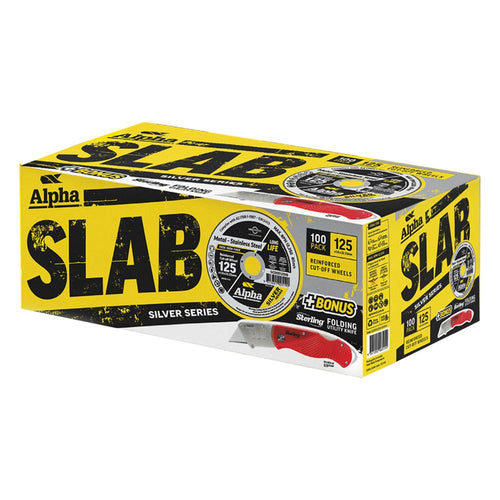 Alpha SLAB Cutting Disc 125x1.0mm Silver Series x100 Pack With Bonus Sterling Folding Utility Knife