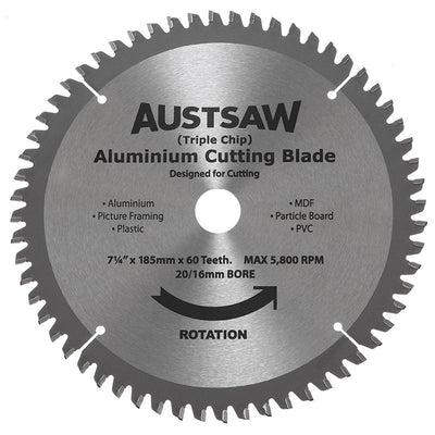 AUSTSAW 185mm (7 1/4in) Aluminium Blade Triple Chip - 20/16mm Bore - 60 Teeth