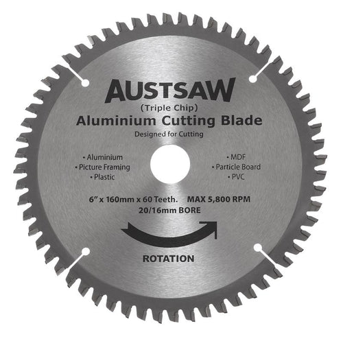 AUSTSAW 160mm (6 1/4in) Aluminium Blade Triple Chip - 20/16mm Bore - 60 Teeth