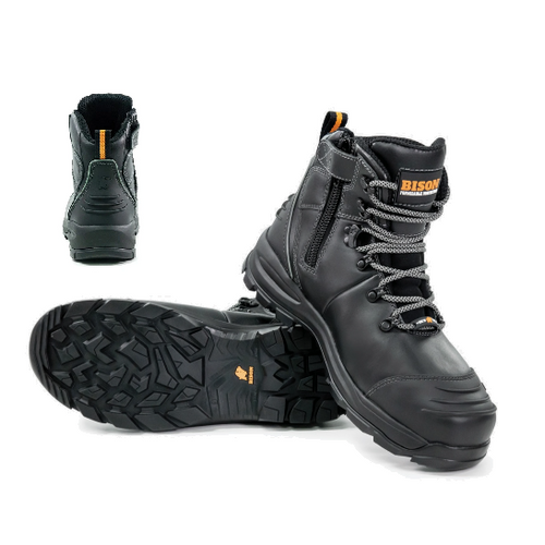 BISON Industrial XT Series Lace Up Safety Boots With Side Zip-Black Colour