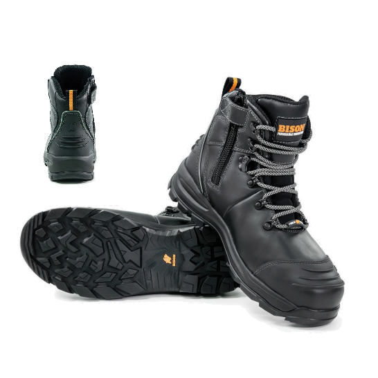 BISON Industrial XT Series Lace Up Safety Boots With Side Zip-Black Colour