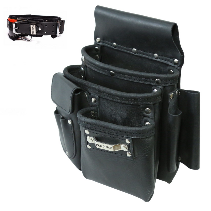 BUILDPRO Tradie XL Series Leather Belt & Nail Bag 3 Pocket Pouch Bundle Deal-JTD - FWT