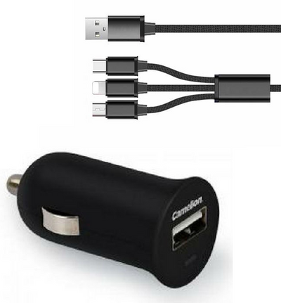 POWER DC Camelion 4.8A USB Car Charger/3-in-1 Micro/Type-C/Lightning Cable f/ Smartphones