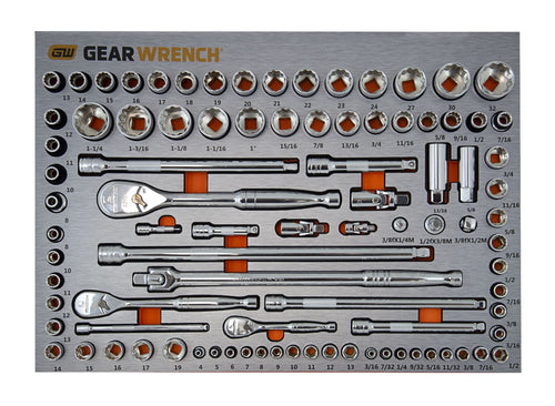 GEARWRENCH 90 PC 1/2", 3/8" & 1/2" DRIVE METRIC/SAE SOCKET SET IN EVA TRAY 83992