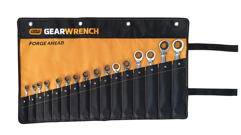 GEARWRENCH 16 PC 12 POINT METRIC REVERSIBLE RATCHETING COMBINATION WRENCH ROLL 9602NR