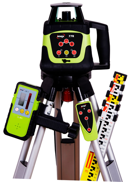 IMEX 77R Red Beam Rotating Construction Laser Level Kit With Tripod & Staff 77RKIT