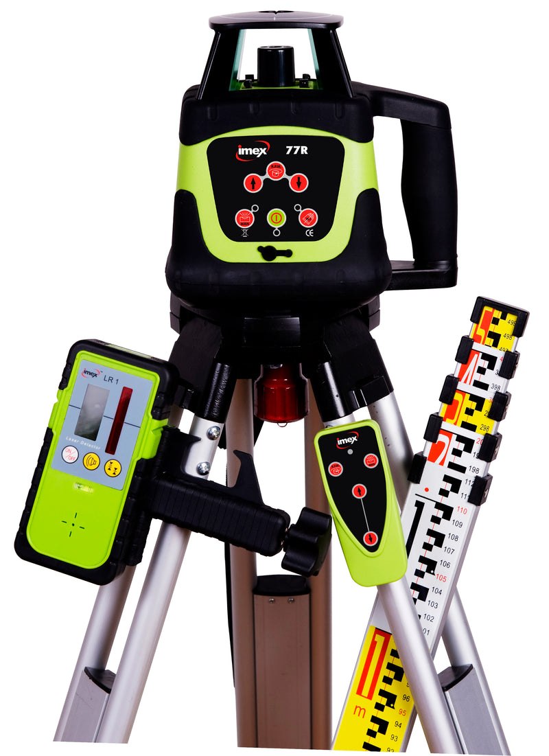 IMEX 77R Red Beam Rotating Construction Laser Level Kit With Tripod & Staff 77RKIT