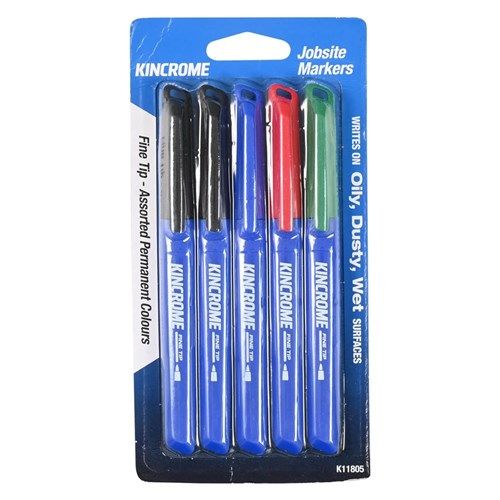 KINCROME PERMANENT FINE TIP MARKER 5 PACK ASSORTED COLOURS - K11805
