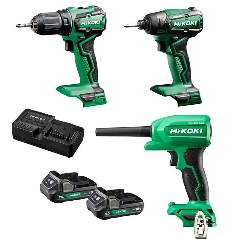 HIKOKI 18v Super Compact Cordless Drill Driver,Duster Blower & Impact Driver Combo Kit- -BFD