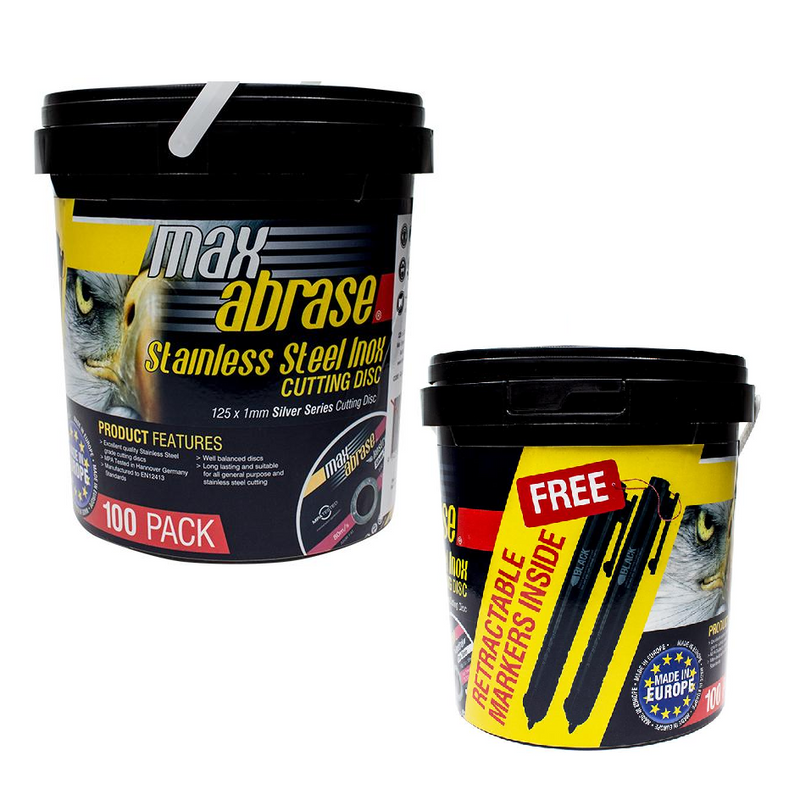 MAX ABRASE Silver Series 125 x 1.0mm Cutting Disc 100 Pack Tub Bucket