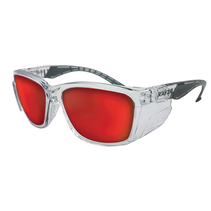 MAXISAFE  Rayzr Safety Glasses - Clear Frame - Red Mirror Polarised Lens