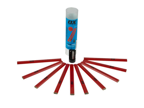 OX Tools 10pack Carpenters Red Pencil With BONUS Sharpener Pack OXTO22910