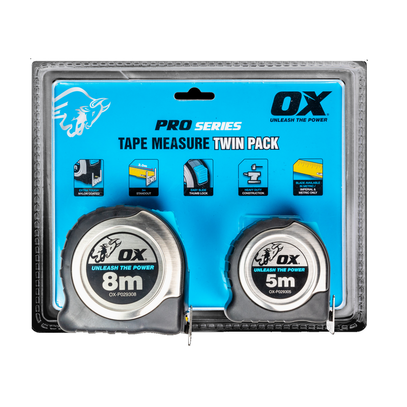 OX Tools Stainless Steel Tradie 8m & 5m Tape Measure Combo OX-P504858AU BDD