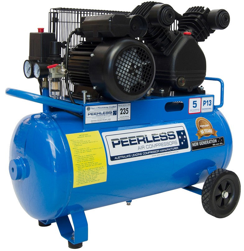 PEERLESS P13 Single Phase Air Compressor: Belt Drive, 10Amp, 2.5HP, 240LPM