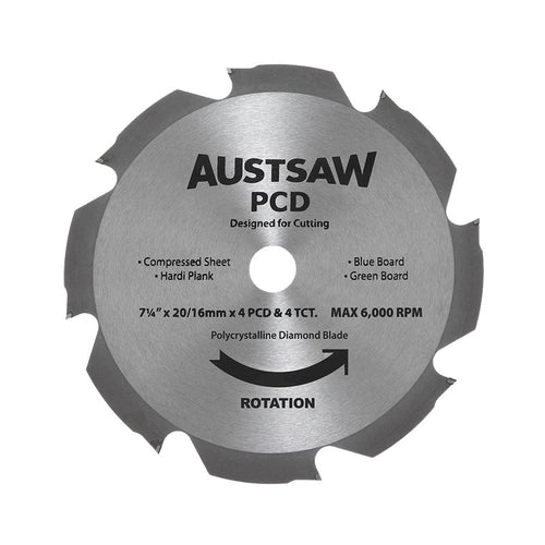 AUSTSAW 185mm ( 7 1/4in) Polycrystalline Diamond Blade - 20/16mm Bore - 4PCD 4TCT Teeth