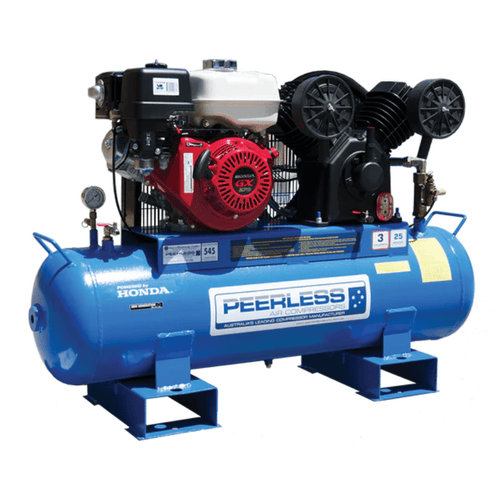PEERLESS PV25 Petrol Air Compressor Twin Tank: Belt Drive, Honda GX270, 545LPM