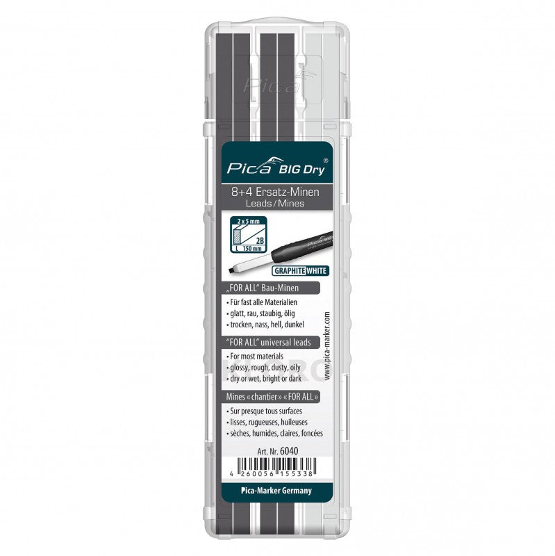 PICA Industrial Refillable BigDry Lead Marker Pencil-12pce Refill Graphite & White Allrounder 6040