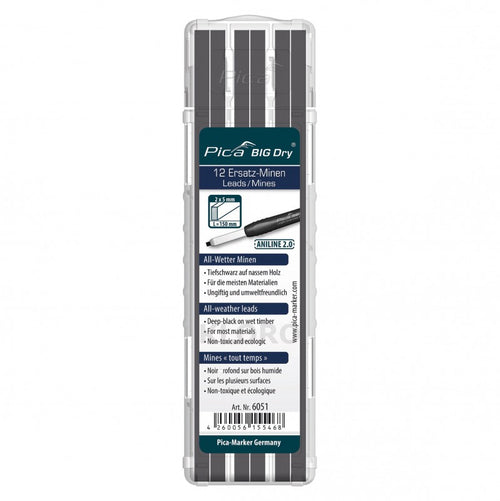 PICA Industrial Refillable BigDry Lead Marker Pencil-12pce Refill Graphite/Black Aniline 6051