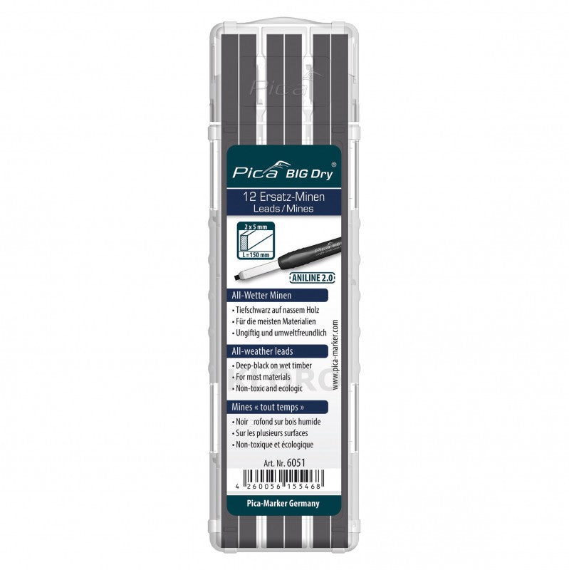 PICA Industrial Refillable BigDry Lead Marker Pencil-12pce Refill Graphite/Black Aniline 6051