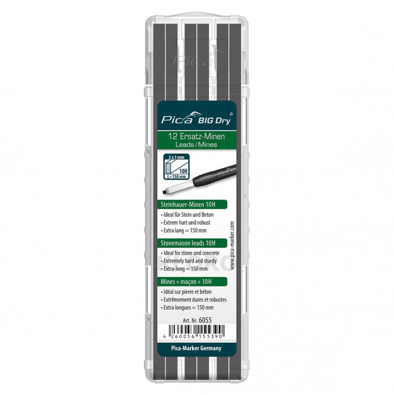 PICA Industrial Refillable BigDry Lead Marker Pencil-12pce Refill Graphite Stonemasons 6055