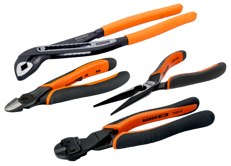 BAHCO ERGO™ Side Cutting Pliers, Box Joint Water Pump Pliers, Long Snipe Nose Pliers and Power Cutters - 4 pcs - PLIERSET7