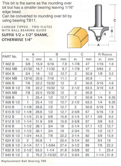 Carbitool 2 Flute Router Bit  Beading Bit with Ball Bearing Guide  Carbide Tipped- 9.5MM RAD. TCT, 2 FLT 1/2 SHK W/BEAR  T 612 B 1/2
