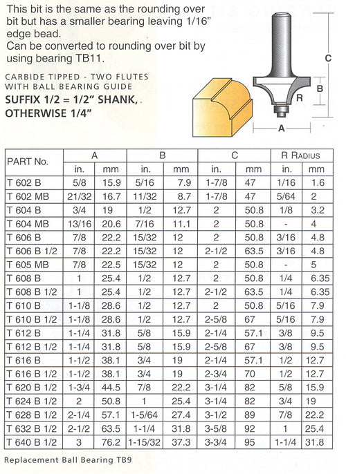 Carbitool 2 Flute Router Bit  Beading Bit with Ball Bearing Guide  Carbide Tipped- 9.5MM RAD. TCT, 2 FLT 1/2 SHK W/BEAR  T 612 B 1/2