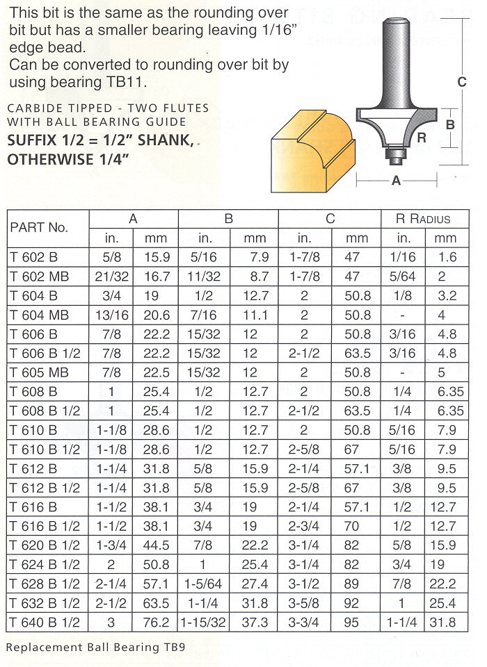 Carbitool 2 Flute Router Bit  Beading Bit with Ball Bearing Guide  Carbide Tipped- 9.5MM RAD. TCT, 2 FLT 1/2 SHK W/BEAR  T 612 B 1/2