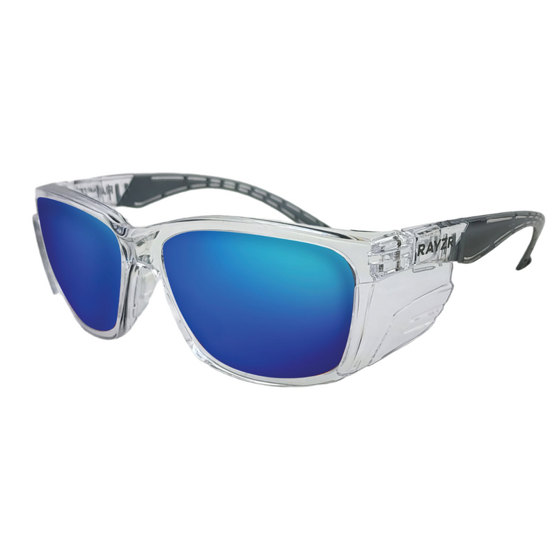 MAXISAFE  Rayzr Safety Glasses - Clear Frame - Blue Mirror Polarised Lens
