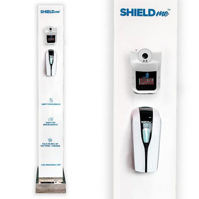 SHIELD Automatic Sanitiser Disinfectant System Tower with Wall Mounted Thermometer, Dispenser & Liquids