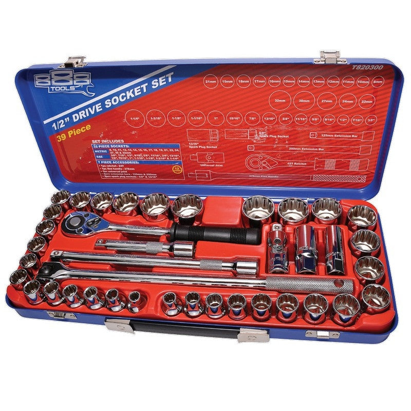 888 Tools Socket Set 1/2" Drive 39 Piece T820300