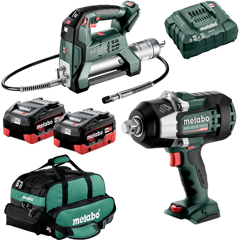 Metabo SSW 18 LTX 1750 BL impact wrench and FP 18 LTX grease gun kit