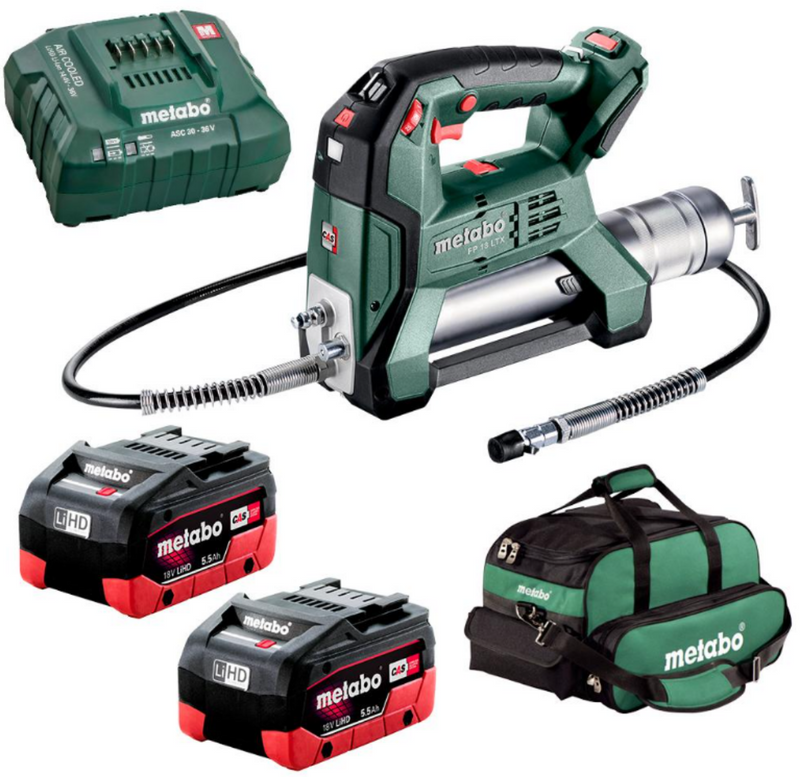 Metabo FP 18 LTX 18V grease gun kit with 2 x 5.5Ah batteries, charger and bag