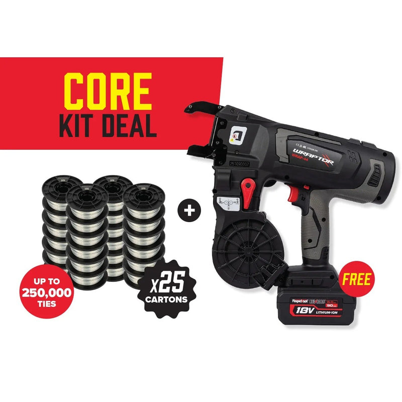 RAPID TOOLS WRAPTOR Core Kit - Free WRAP-44 Rebar Tier + 25 Cartons Wire - WGW-25A