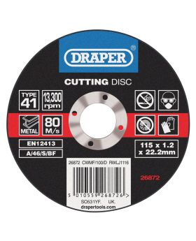 Draper Tools Flat Metal Cutting Wheels in a Box of 100 (115 x 22.2 x 1.0mm) DRA26872