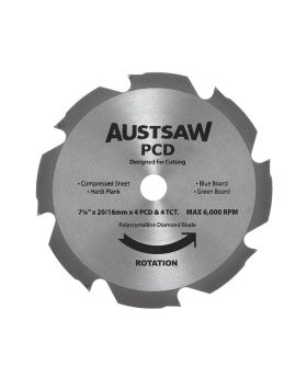 AUSTSAW 185mm ( 7 1/4in) Polycrystalline Diamond Blade - 20/16mm Bore - 4PCD 4TCT Teeth